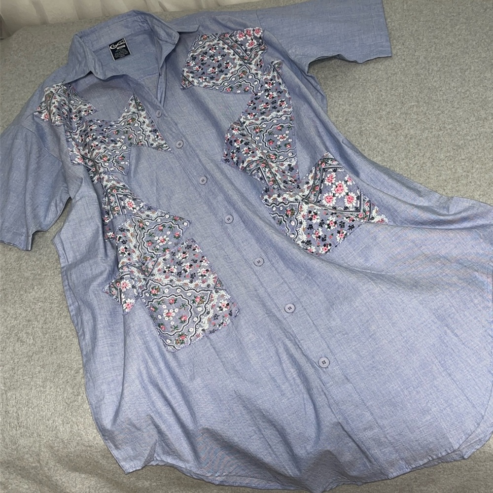 Chambray Button Dress Coverup Size 2X Lagenlook Oversized Boxy Patch Coastal